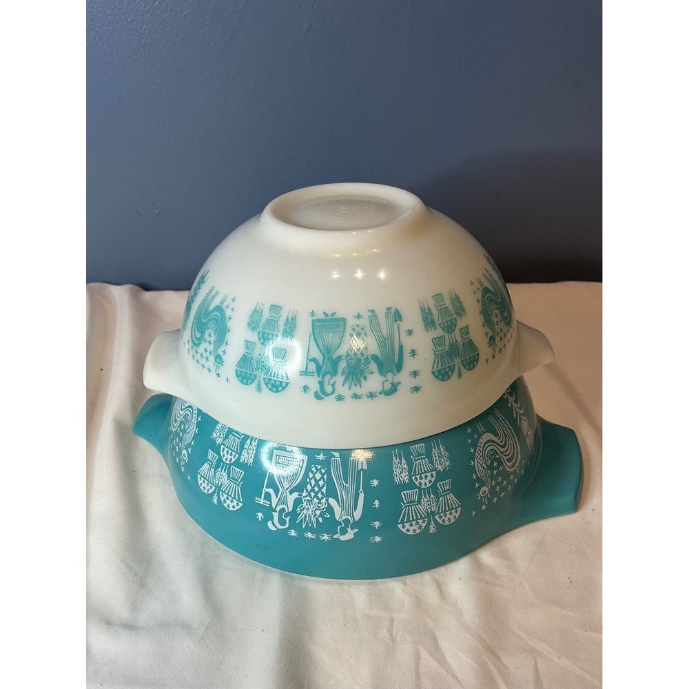 Vintage Pyrex Blue Butterprint Mixing Bowls Set of 2 #403 #404 Rooster Corn